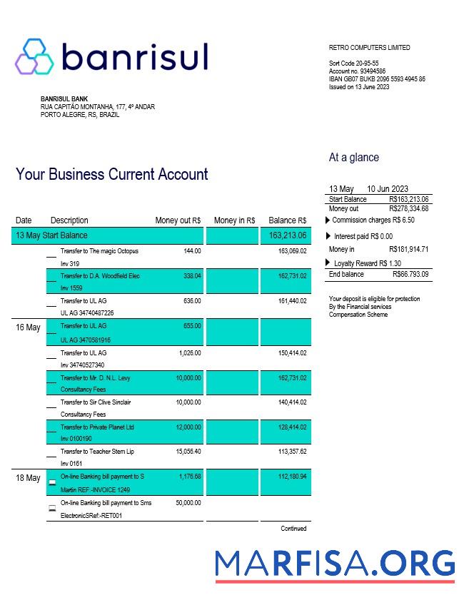 Downloadable Banrisul Bank Business statement Word and PDF template